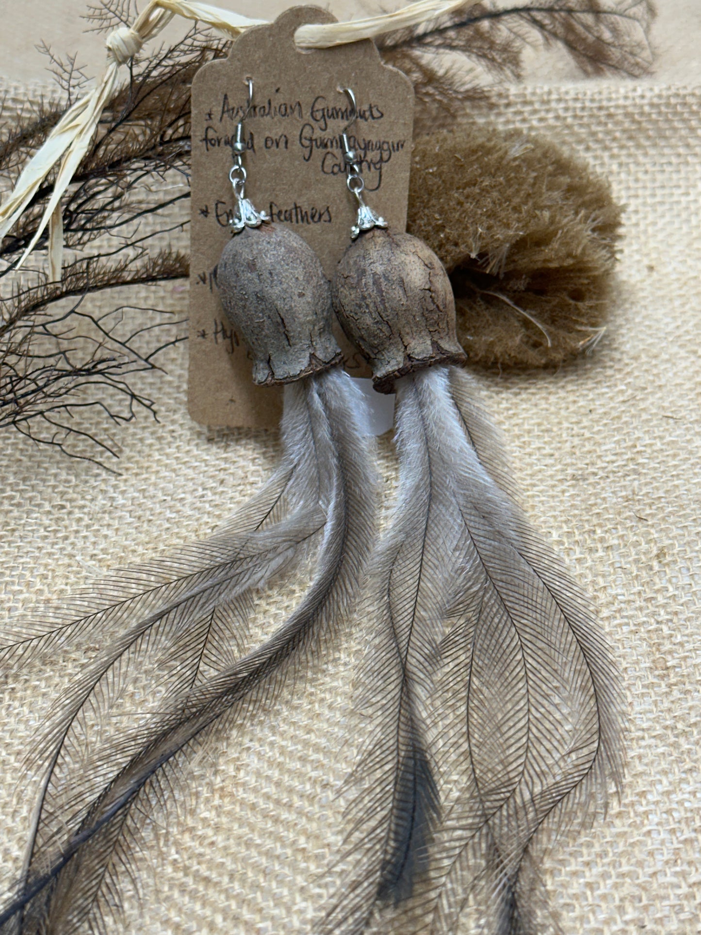 Giant Gumnut and Emu Feather Earrings