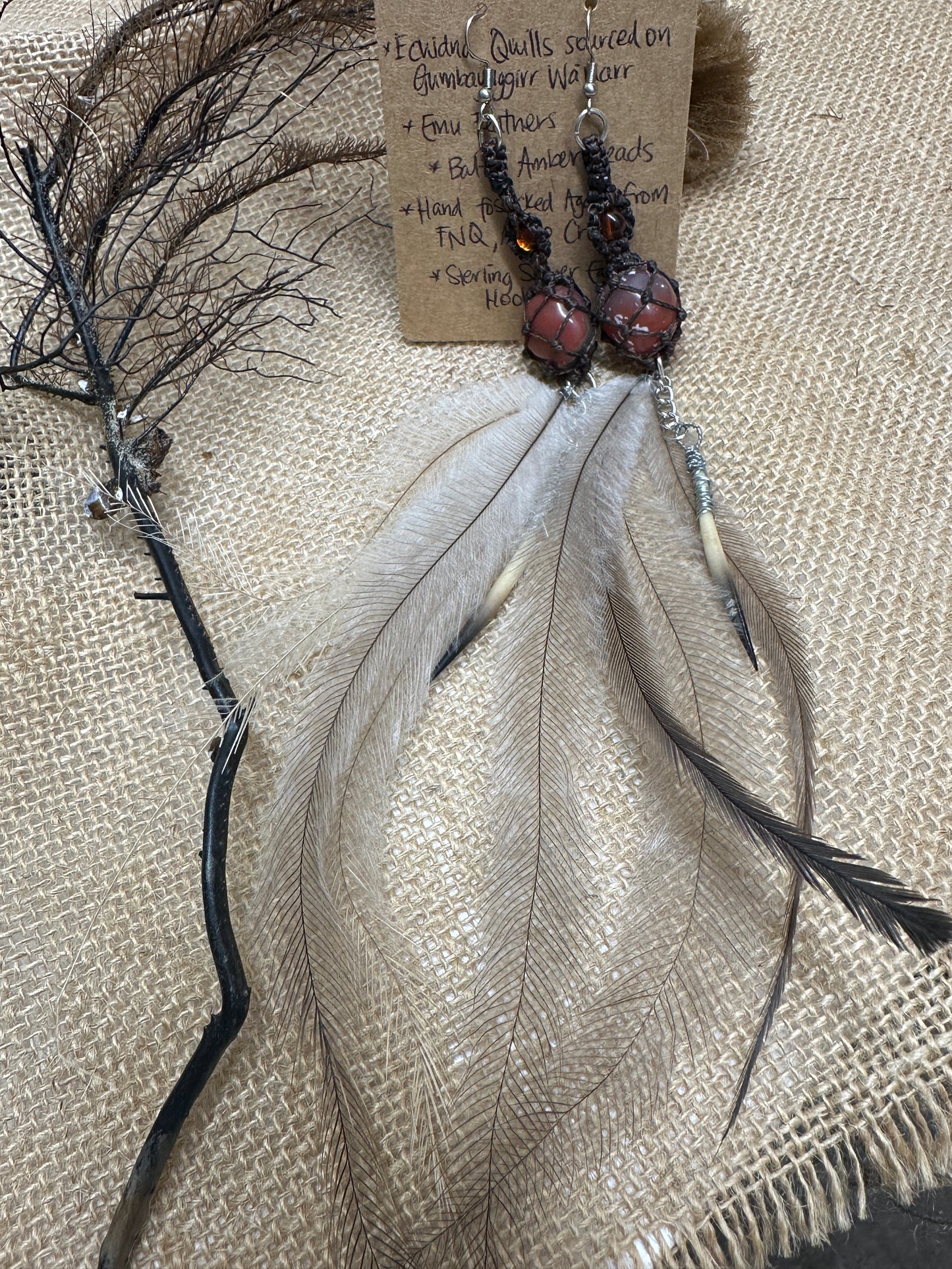 Echidna Quills Agate Feather Macrame Earrings